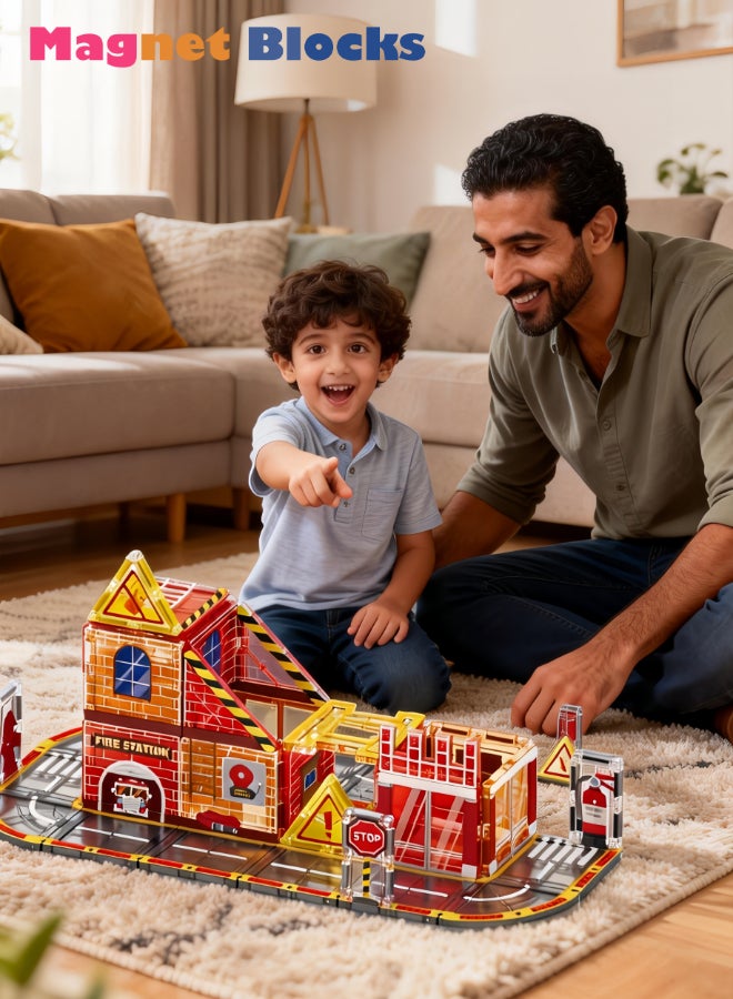 DEZHI 50Pcs of Firefighting Themed Magnetic Block, Magnetic Block Set That Can Be Assembled Into Fire Trucks, Rescue Vehicles, And Professional Themed Experience Sets, 3D Kids Building Blocks, Free Assembly of Buildings, Transportation Vehicles, Enhances The Ability of Logical Thinking for Your Kids. Theme Experience, Free Combination. - Image 2